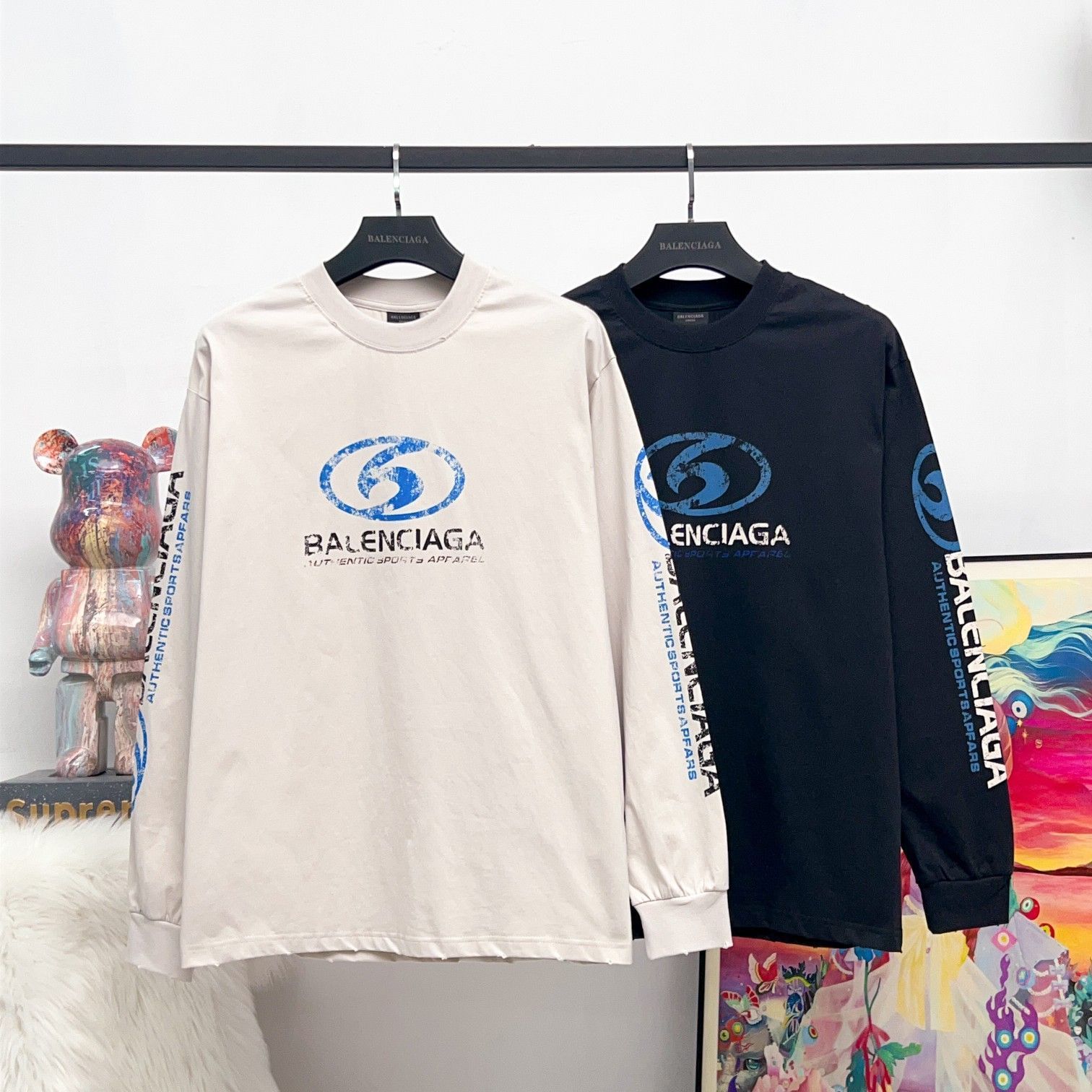 BALENCIAGA メンズ＆レディース ロングスリーブ Tシャツ サファーブルー プリント ウォッシュ加工 グレーホワイト|オフィシャルグレー XS-L |