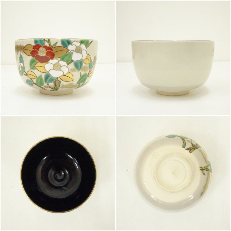 京焼 手塚景雲造 色絵椿茶碗（共箱）茶道 抹茶 おしゃれ 抹茶茶碗 抹茶