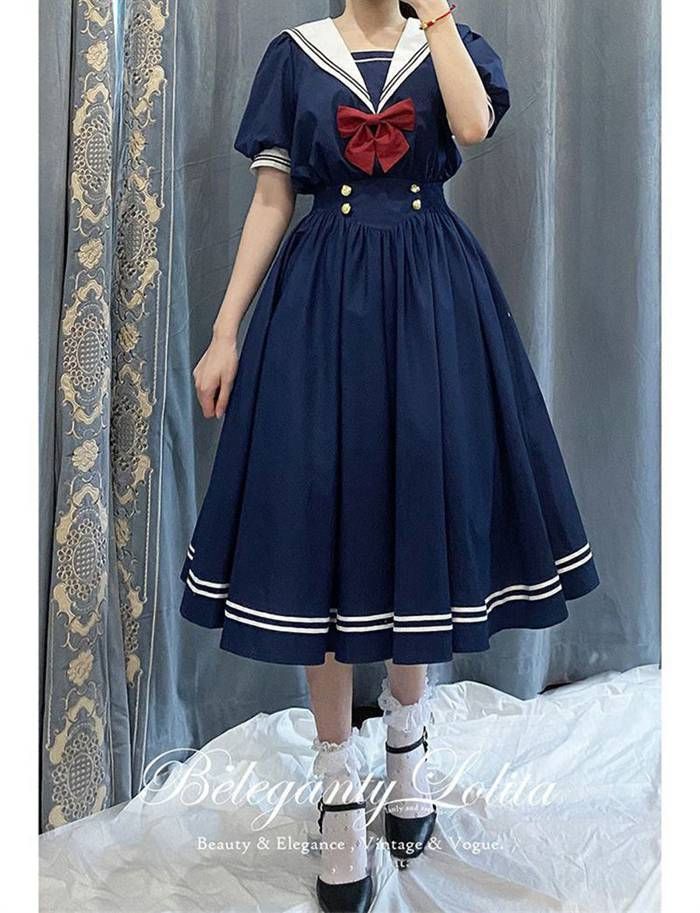 セーラー ワンピース レディース 襟付き 半袖 2色 S-XL フレア