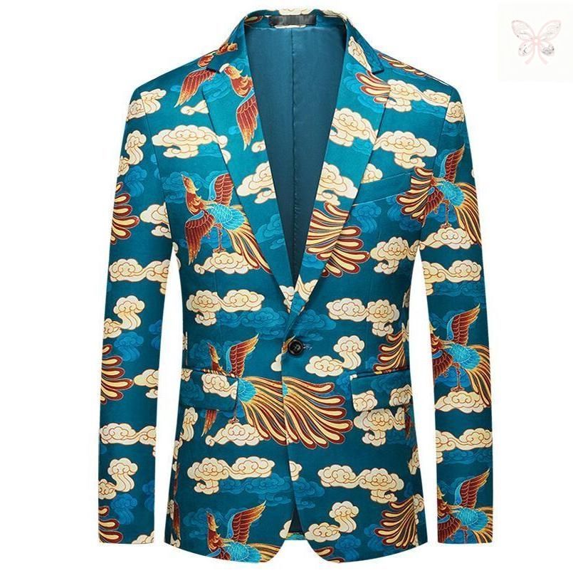 メンズスーツジャケット ハロウィンChristmas鳳凰柄コート 派手なステージ演出服アウター 中華風 舞台ダンスウェア 団体服 発表会