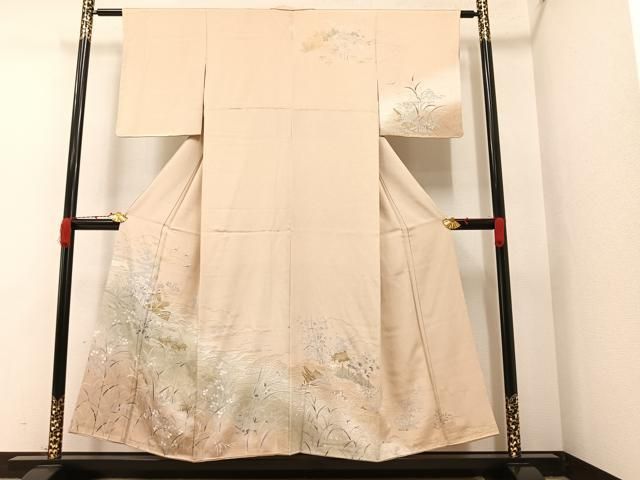 平和屋着物□訪問着 群鶴草花文 暈し染め 金彩 正絹 逸品
