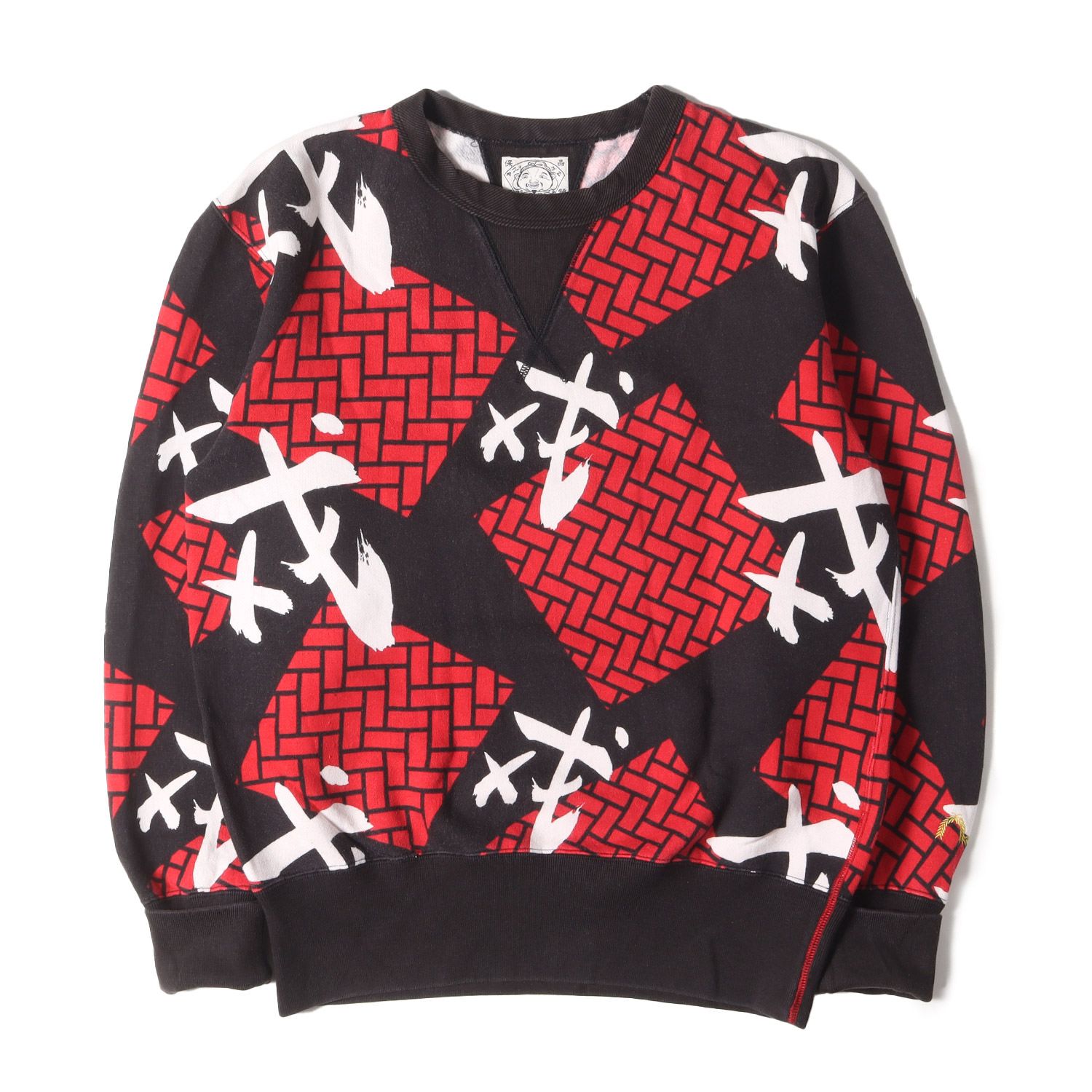 EVISU エヴィス スウェット サイズ:40(L) 戎ロゴ 総柄 両V スウェットシャツ ブラック レッド 黒赤 トップス トレーナー【メンズ】
