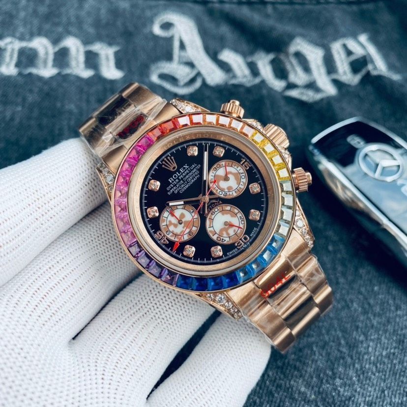 デイトナ 40mm｜虹彩ベゼル×3眼6針｜イタリアンゴムベルト|強化ガラス｜