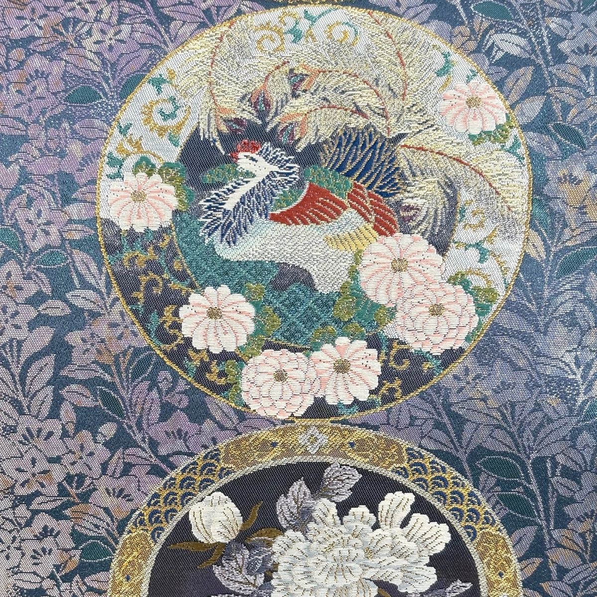袋帯 秀品 花鳥 源氏車 金銀糸 箔 青紫 六通 正絹 【中古