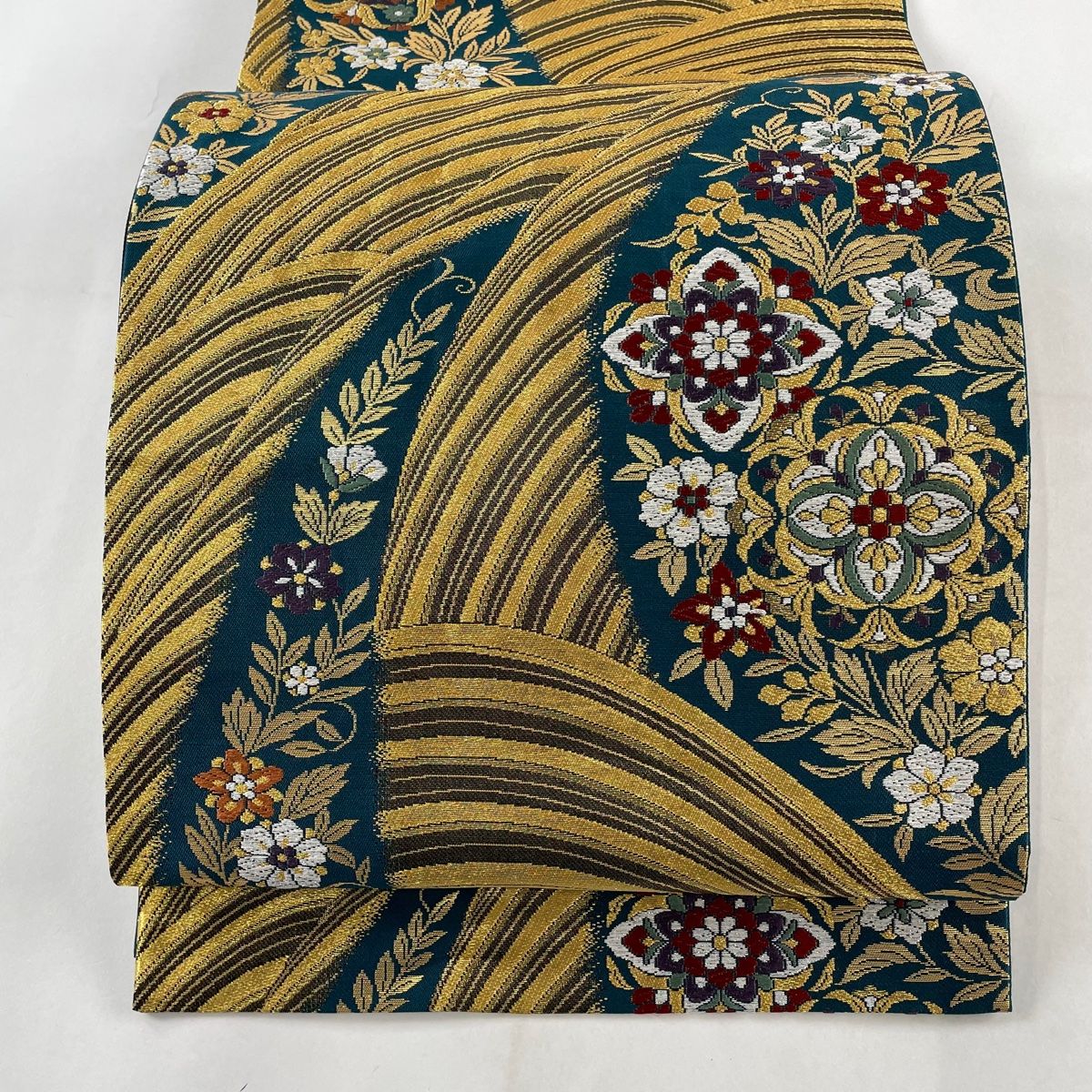 袋帯 秀品 華文 草花 金糸 箔 青緑 六通 正絹