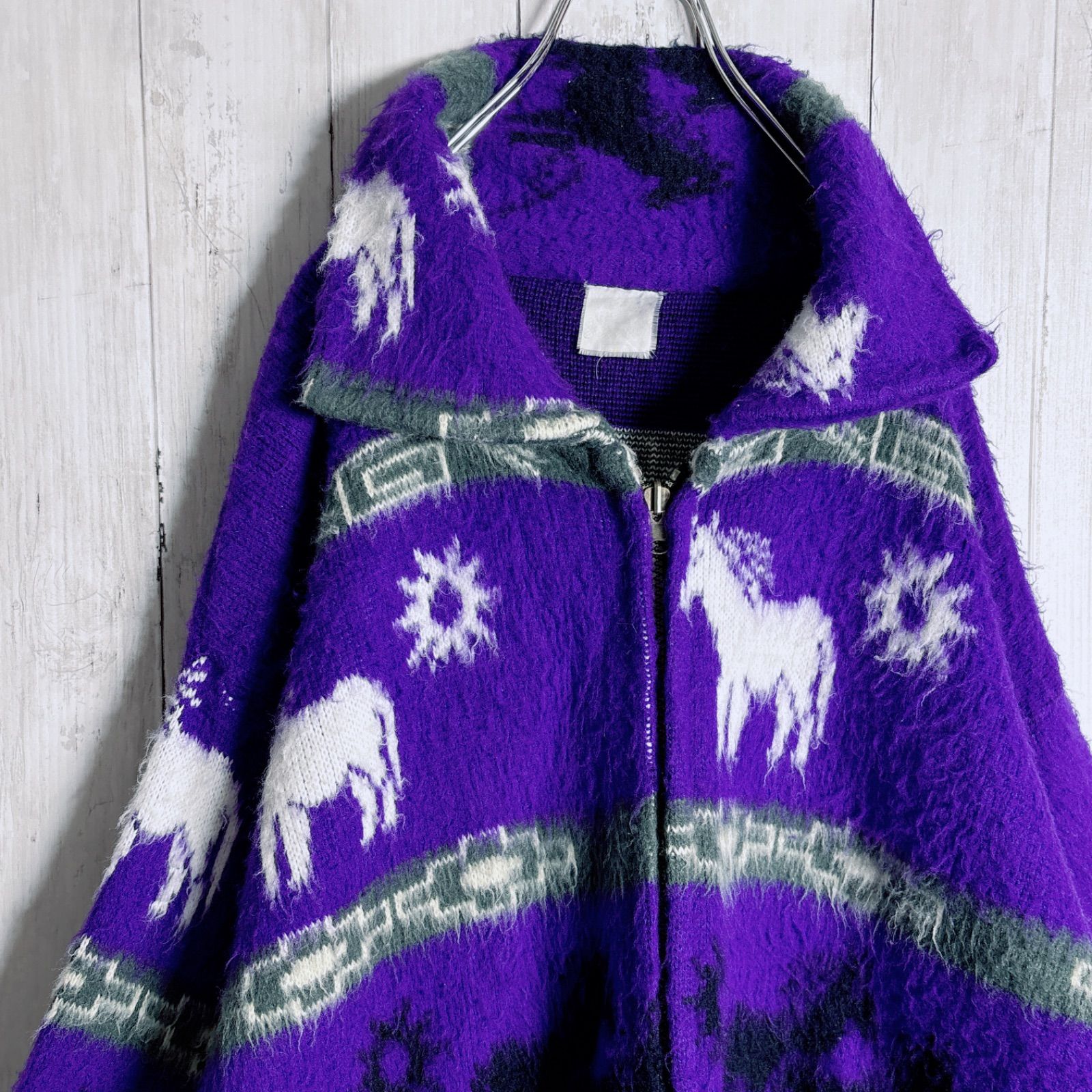 お宝古着 90s アニマル 動物 馬 総柄 ウール フルジップ セーター