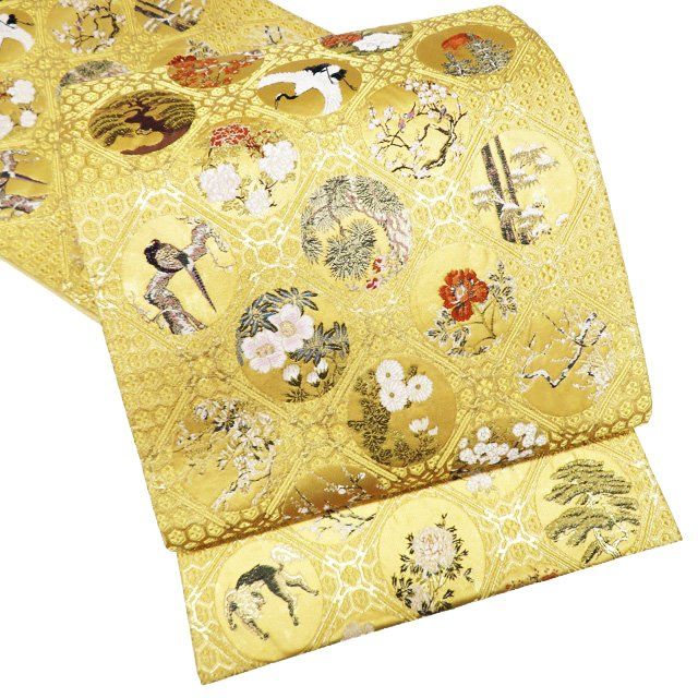 袋帯 中古 六通 本金箔 傘松閣名画集 格天井文 花鳥 箔糸 A1096