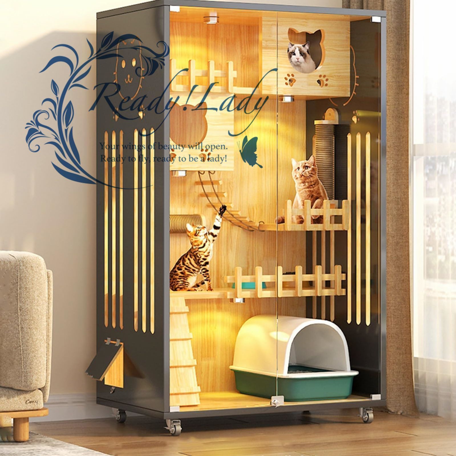キャットケージ 小動物 ケージ 猫ケージ 頑丈耐久 多頭飼い 掃除しやすい 脱走防止 良好な視界 両側にある換気口 梯子付き60x60x125cm