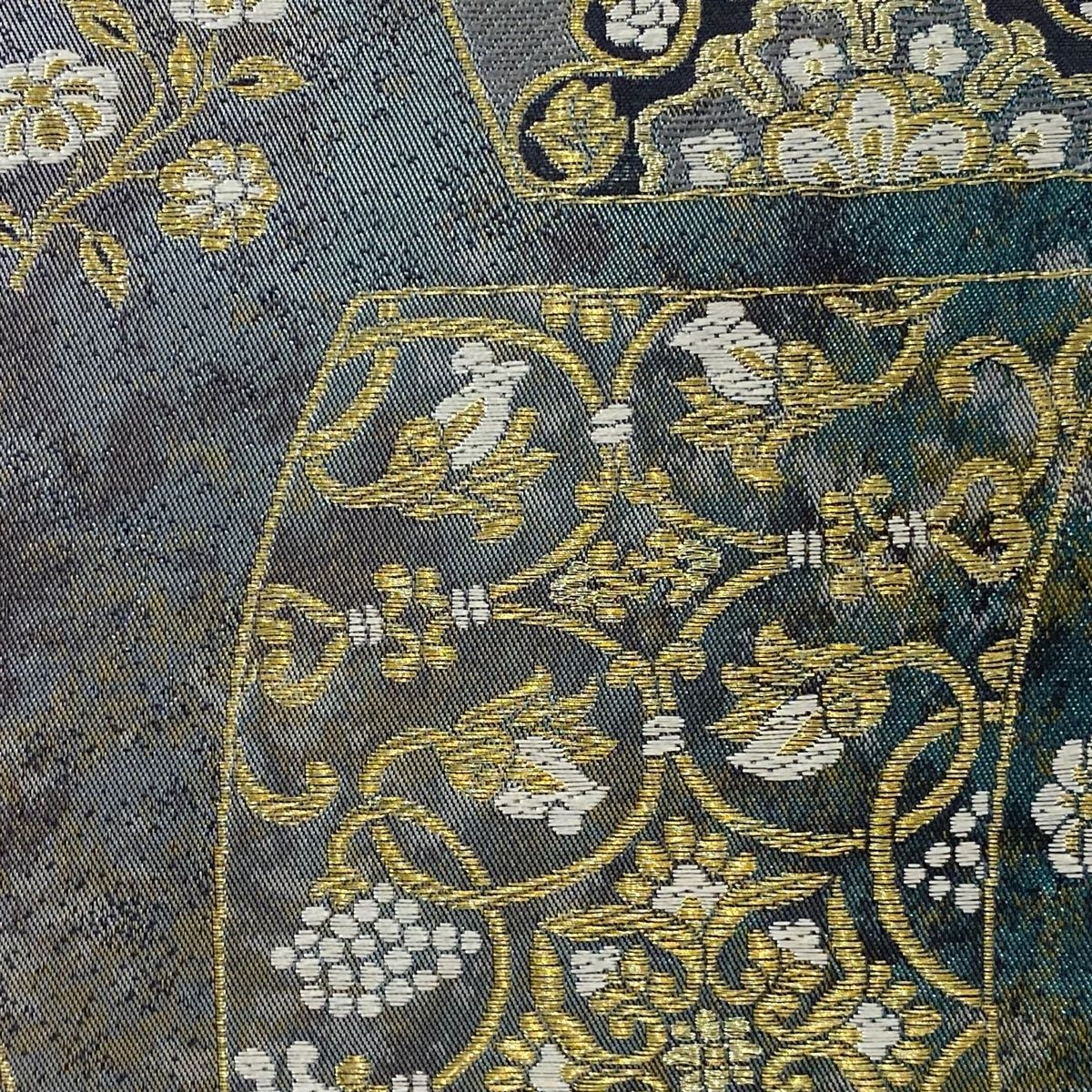 袋帯 秀品 短冊 華文 金糸 箔 青灰色 六通 正絹