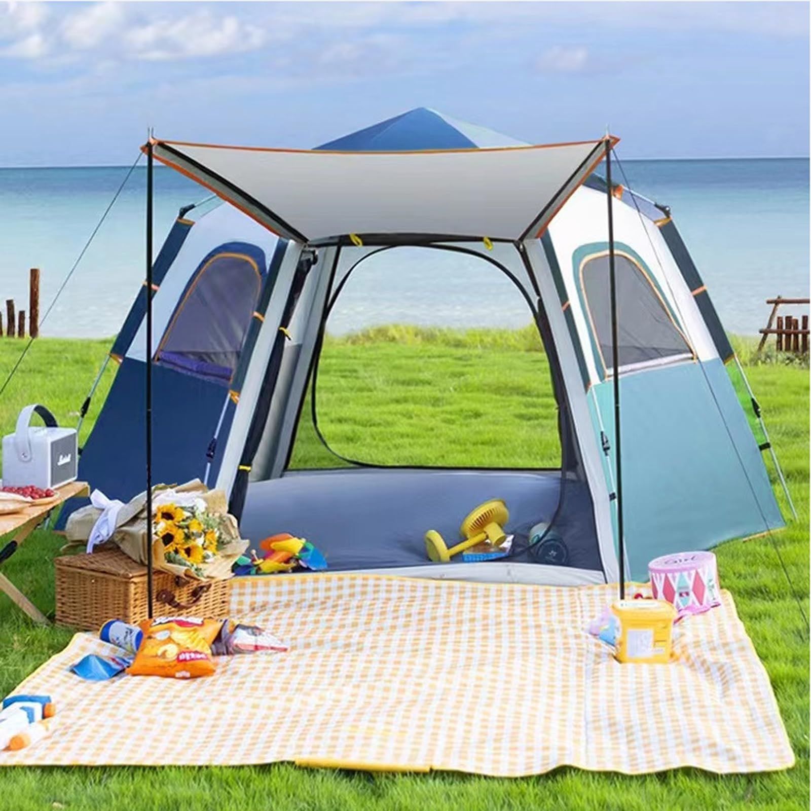 ワンタッチ六角形テント 2～4人用 折りたたみ 軽量 UVカット 防蚊