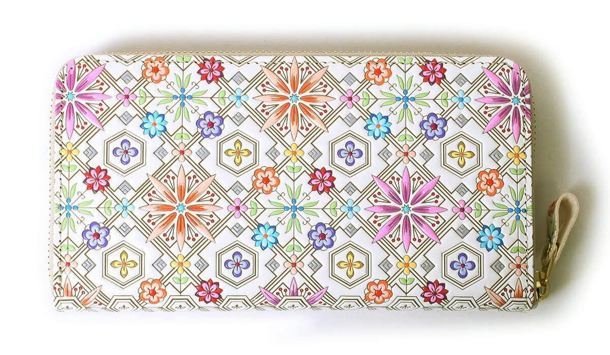 浅草文庫革 友禅染 長財布 花菱 ハナビシ 柄 江戸小紋 財布 サイフ ラウンドファスナー ラウンドジップ ピンク