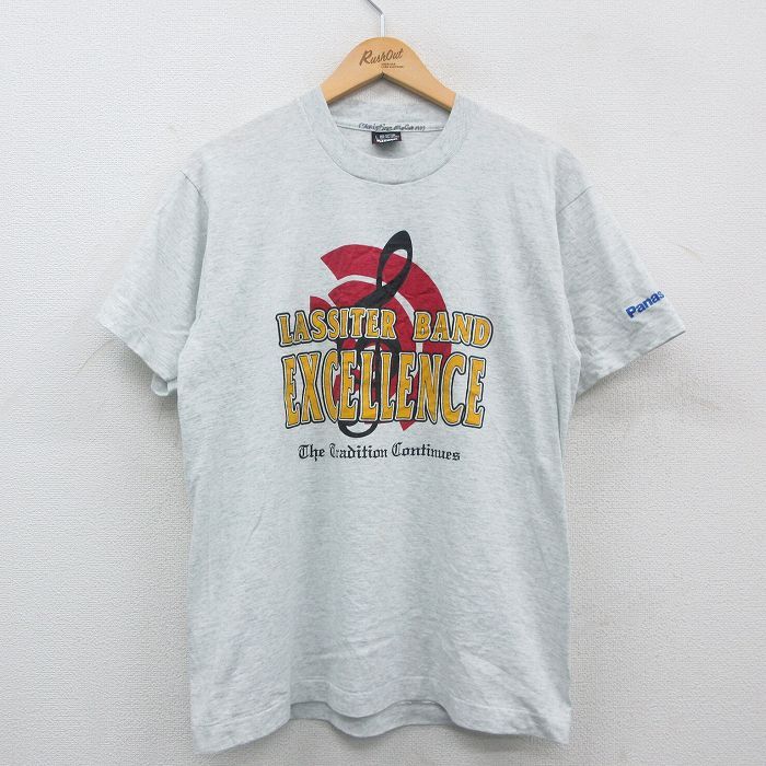 L/古着 スクリーンスターズ 半袖 ビンテージ Tシャツ メンズ 80s LASSITER BAND ト音記号 パナソニック クルーネック 薄グレー 霜降り 24ma