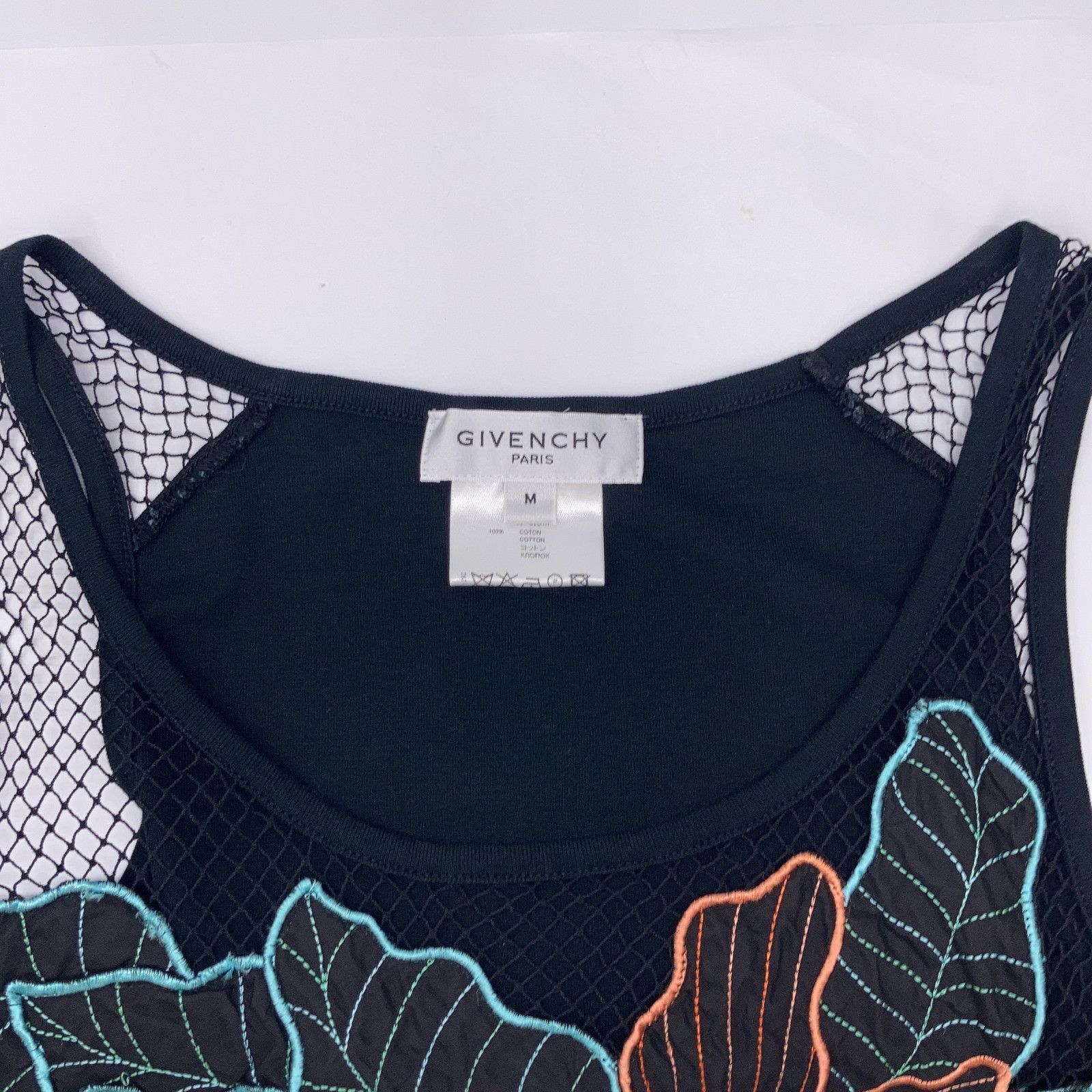  GIVENCHY ジバンシィ ﾌﾞﾗｯｸ ｺｯﾄﾝ ﾌﾗﾜｰﾓﾁｰﾌ ﾒｯｼｭ切り替え ﾉｰｽﾘｰﾌﾞｶｯﾄｿｰ M アンサンブル トップス