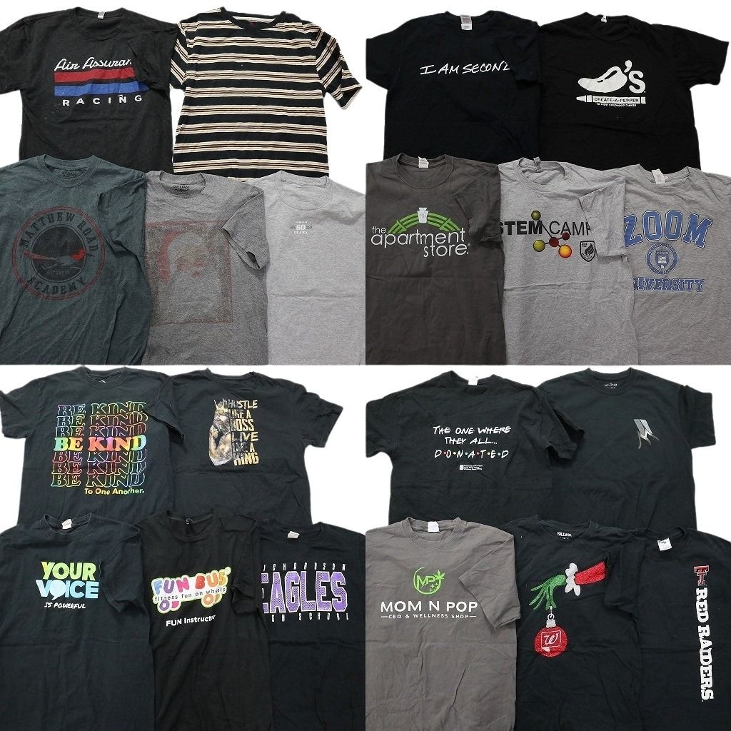 古着卸 まとめ売り 黒・グレー ボディ プリント 半袖Tシャツ 20枚セット (メンズ M ) カレッジ風 ボーダー パロディ 中古 古着 MX9804