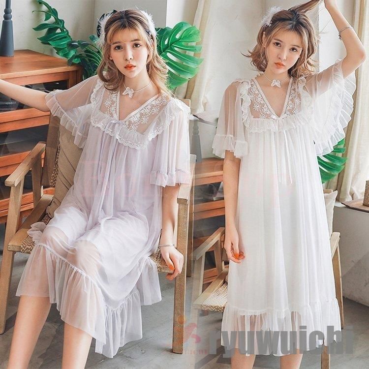 ネグリジェ 夏用 姫 ネグリジェ ワンピース ロング丈 レースネグリジェ  