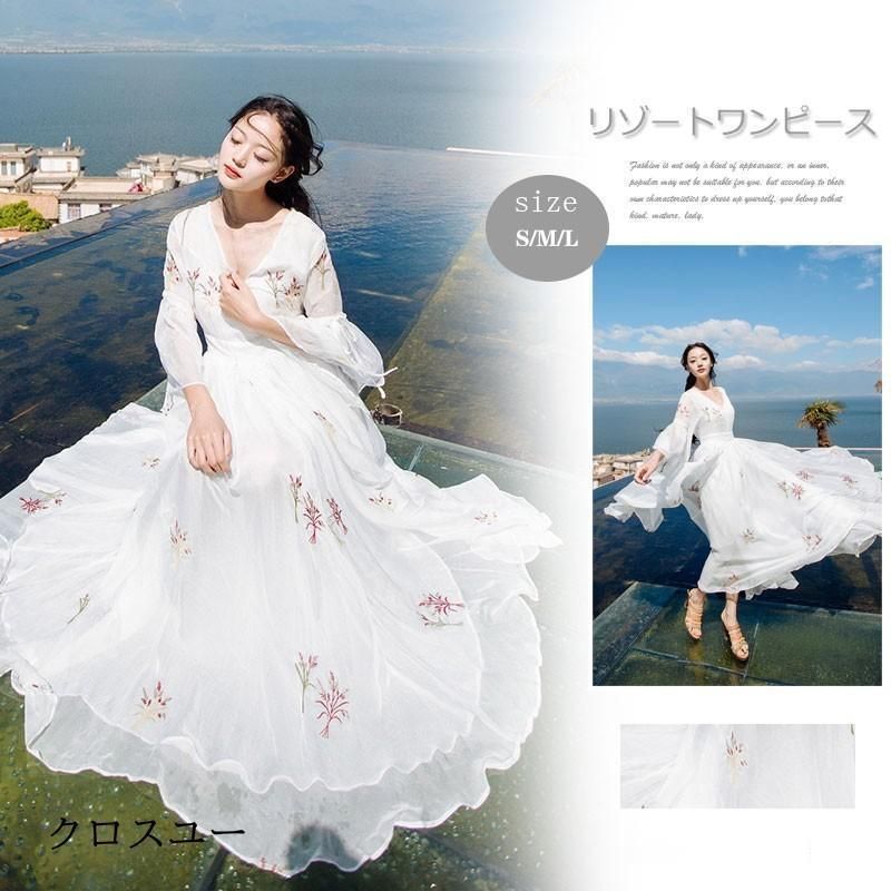 マキシワンピース リゾートワンピ ロング丈 ワンピース 夏 長袖 UVカット レディース 花柄 リゾート ビーチワンピ フ 海 旅行 ボヘミア