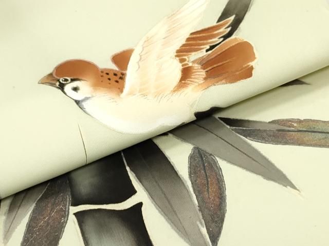 平和屋着物○塩瀬 九寸名古屋帯 手描き 雀 笹竹文 鳥の子色 金彩 正絹