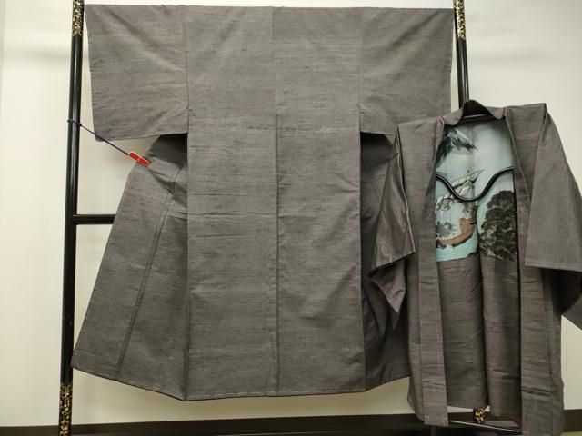 平和屋着物●男性 紬 アンサンブル 紫鼠色 正絹 DAAS2491tw