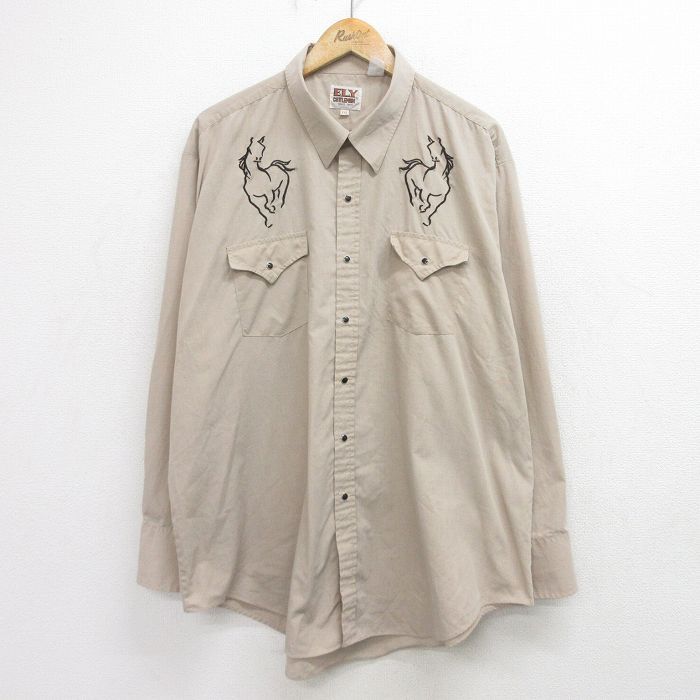 XL/古着 ELY 長袖 ウエスタン シャツ メンズ 90s 馬 大きいサイズ ロング丈 ベージュ カーキ 24sep28 中古 トップス