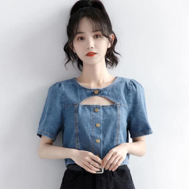 送料無料】デニムシャツ 半袖 胸あき デニムブラウス ノーカラー