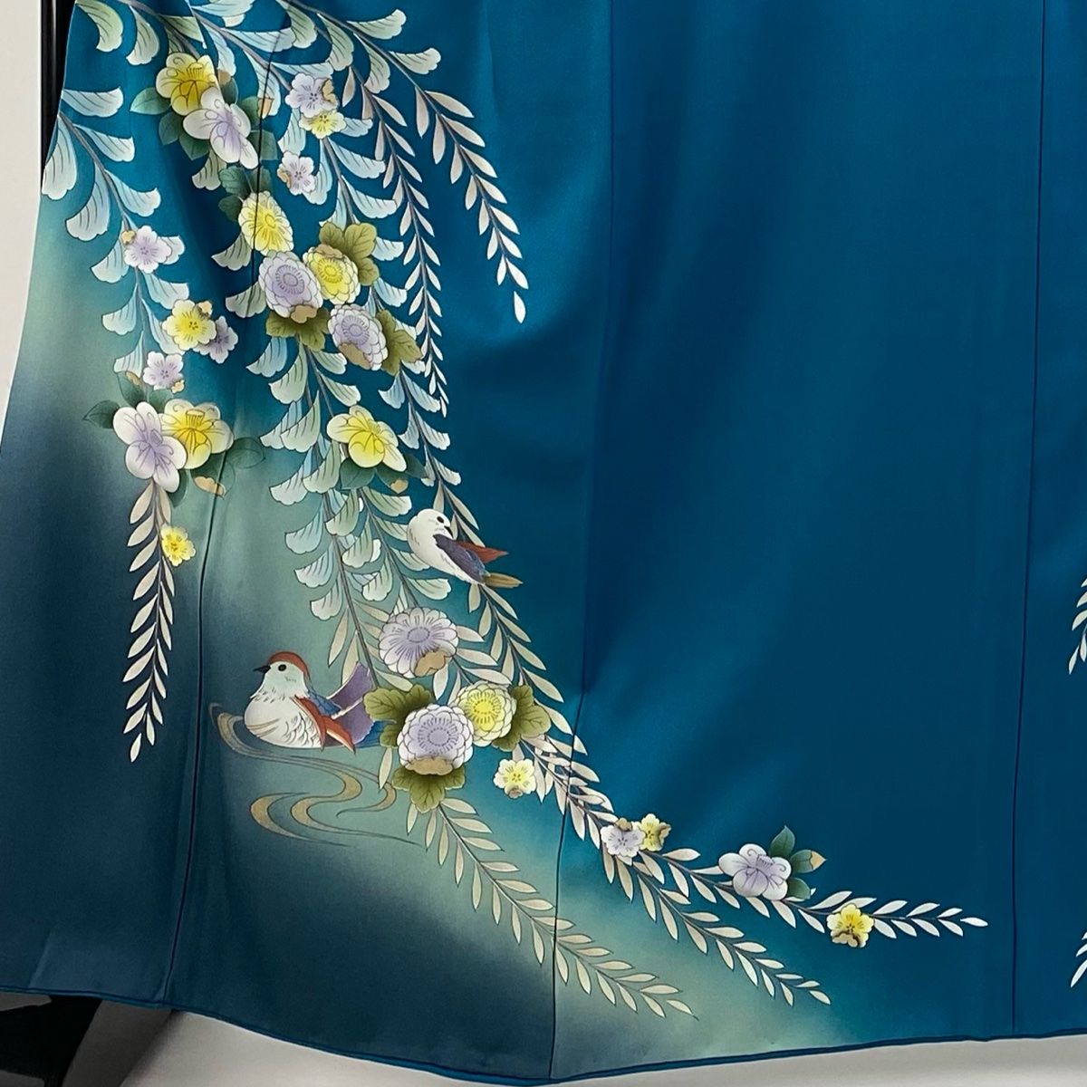 付下げ 身丈162.5cm 裄丈67.5cm L 袷 鴛鴦 草花 金彩 ぼかし 青