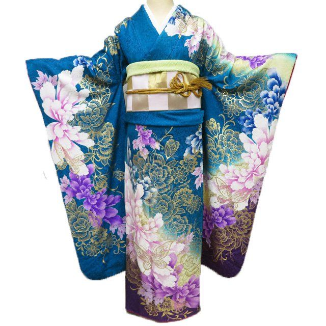 振袖 着物 中古 正絹 金彩 花模様 牡丹 桜 蝶 L トール A1159-3