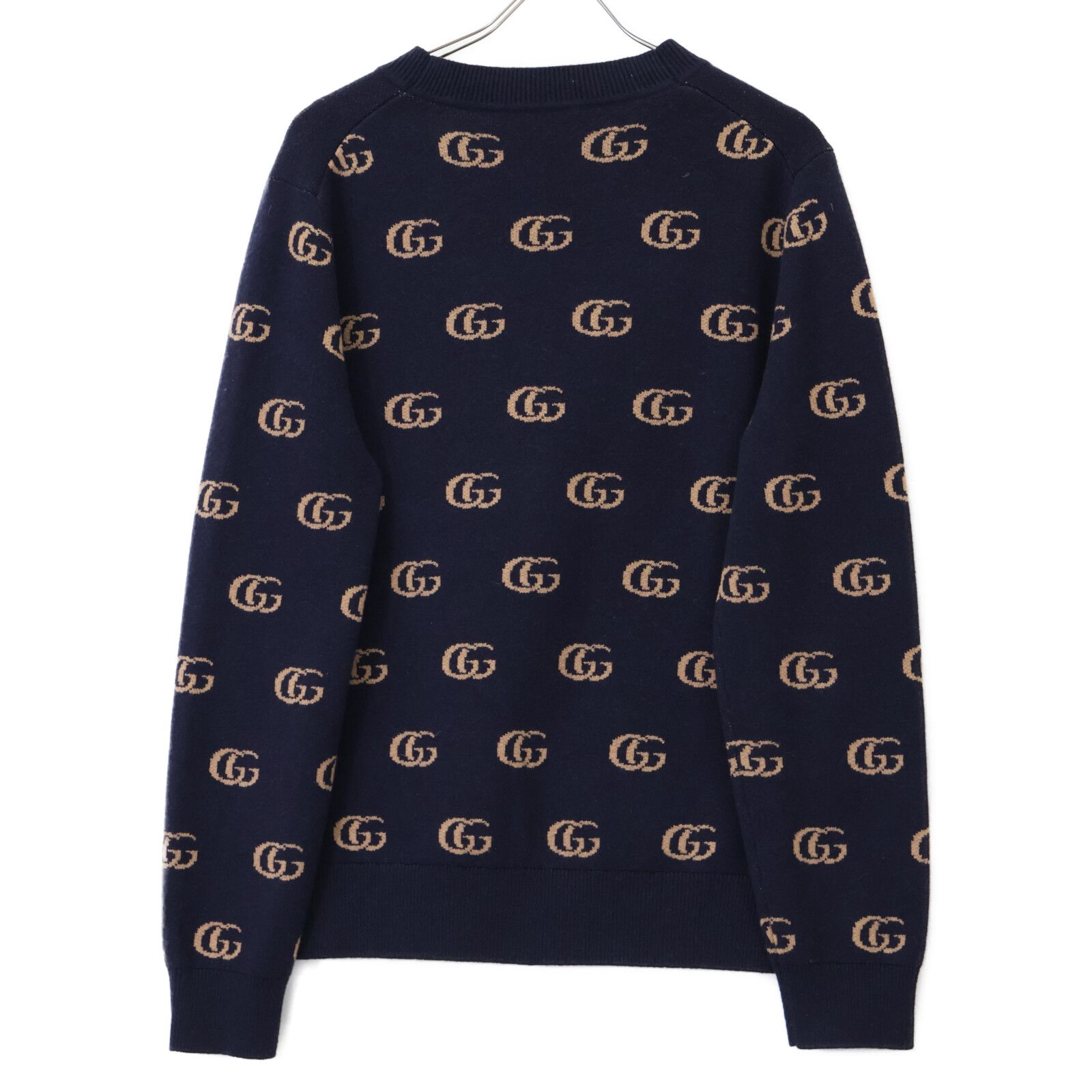 美品◆GUCCI ボーダー カーディガン カシミヤ混 パールボタン ネイビー ボーダーバックロゴカーディガン