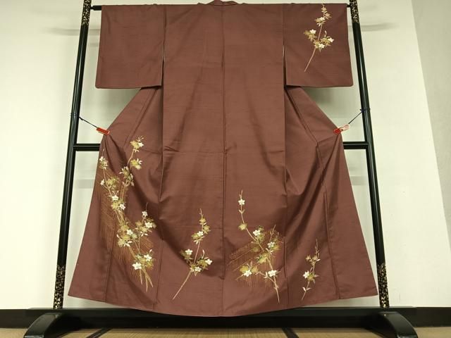 平和屋着物●訪問着 紬地 手描き 枝花文 正絹 AAAV7032zg