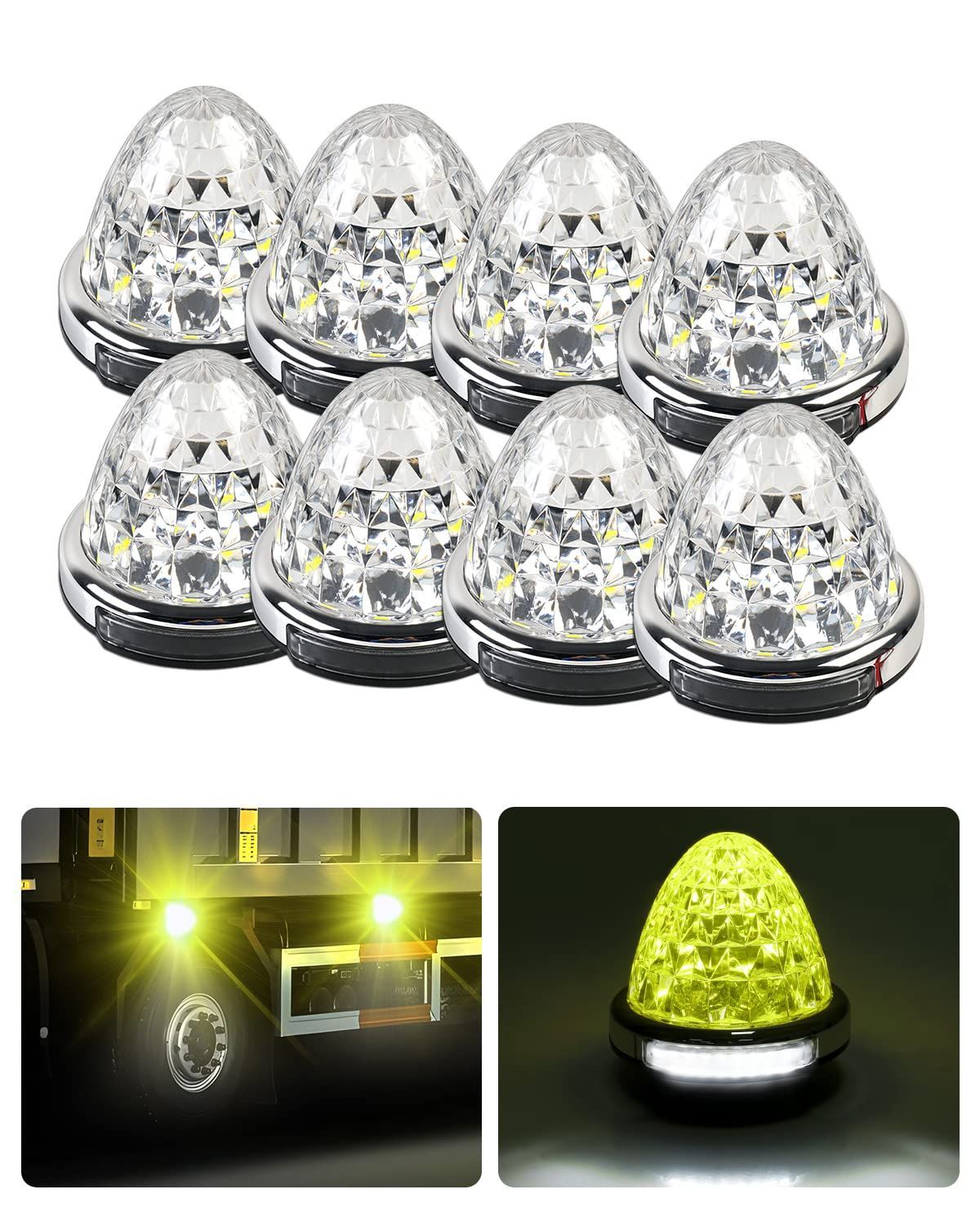 Cartist LED サイドマーカーランプ 路肩灯 両面発光 トラック専用 2023年 最新型 IP67 DC 10-50V 無極性 丸型 新型LEDマーカー 高輝度 色選択可 メッキリング 8個セット 耐高温PC素材 メッキ付き (8個セ