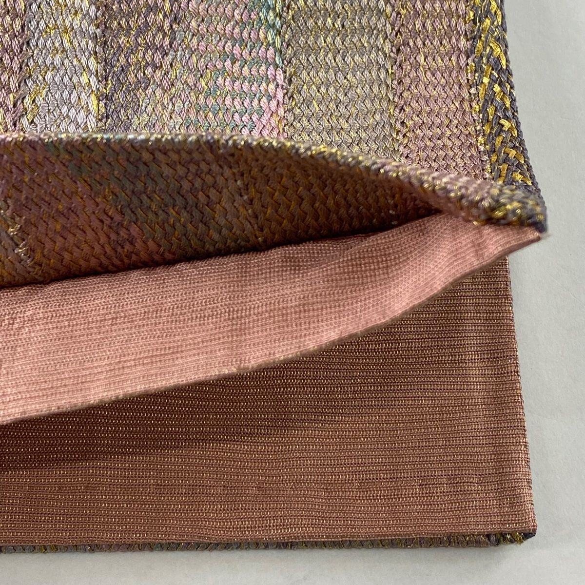 袋帯 美品 秀品 縞 幾何学模様 金通し 灰紫 全通 正絹 【中古 