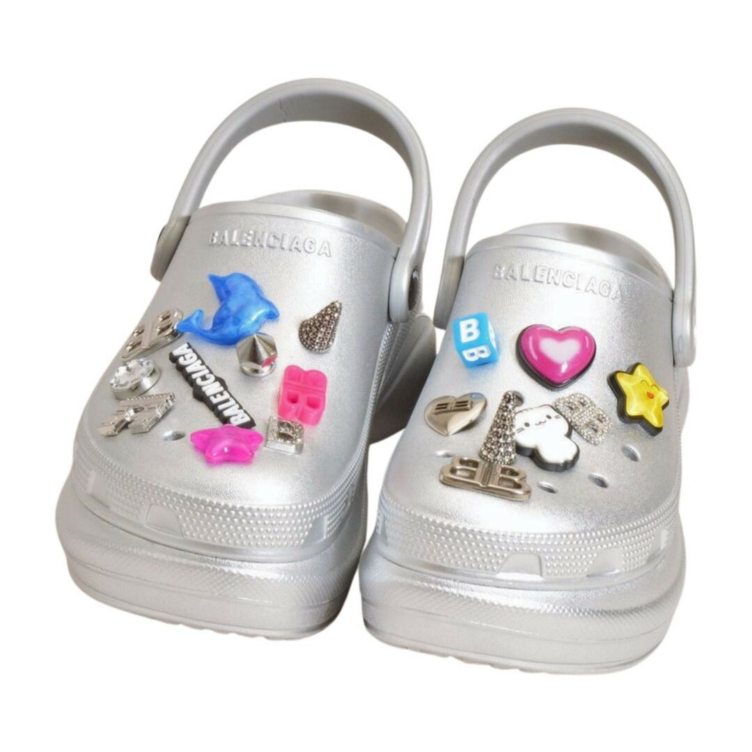 バレンシアガ クロックス Balenciaga Crocs ミュール Jibbitz シルバー ラバー チャーム付き サイズ 35 レディース F-YA1144