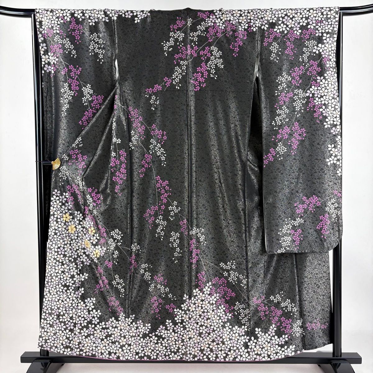 振袖 身丈157cm 裄丈66.5cm M 袷 枝垂れ桜 金糸 銀通し 黒 正絹