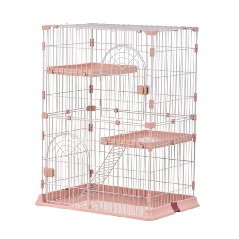 BTM 猫ケージ キャットケージ 2段 おしゃれ キャットハウス ネコハウス 留守番 梯子付き 保護 脱走防止 組み立て簡単 多頭飼い 多頭 ペットケージ ピンク M