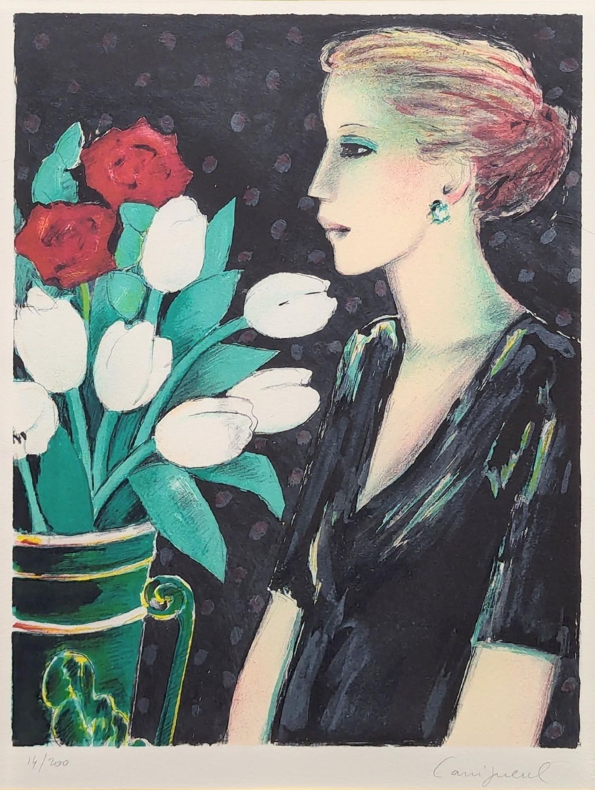 真作】【直筆サイン】J・P・カシニョール「チューリップとプロフィール