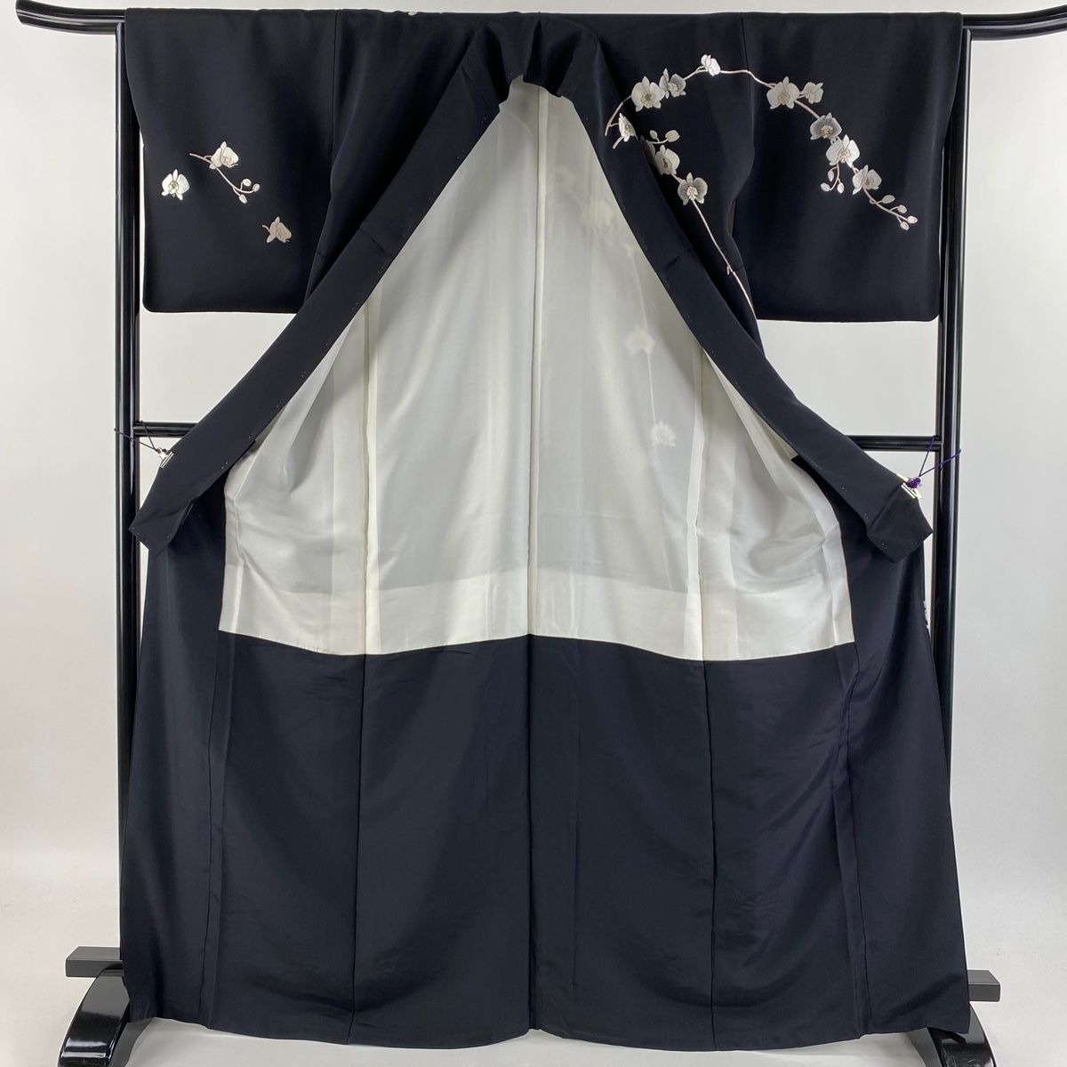 訪問着 身丈167cm 裄丈64.5cm M 袷 胡蝶蘭 刺繍 金糸 黒 正絹 逸品  