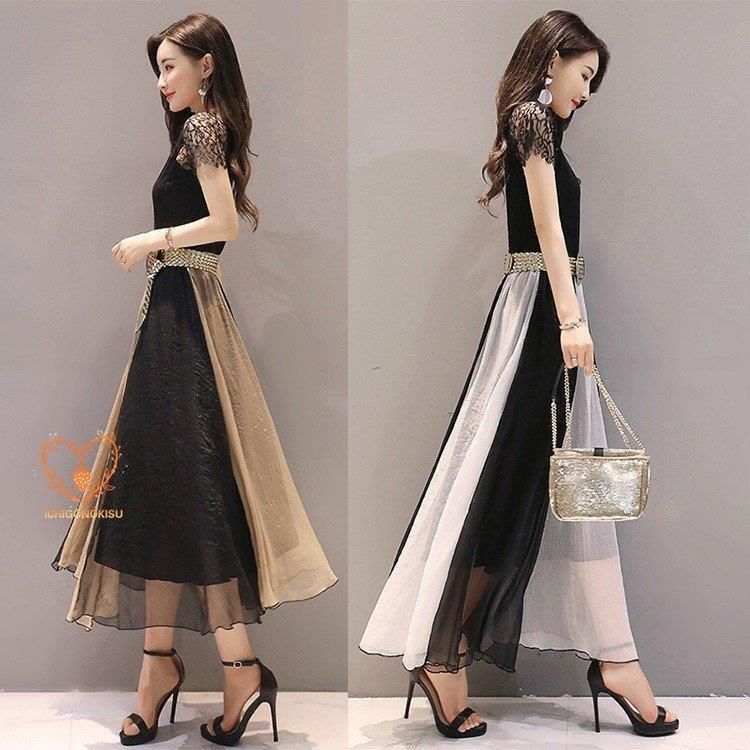 ワンピース レディース 夏 きれいめ マキシ丈ワンピース 韓国風 シフォン 半袖 ロング丈 オシャレ 結婚式ドレス 着痩せ 上