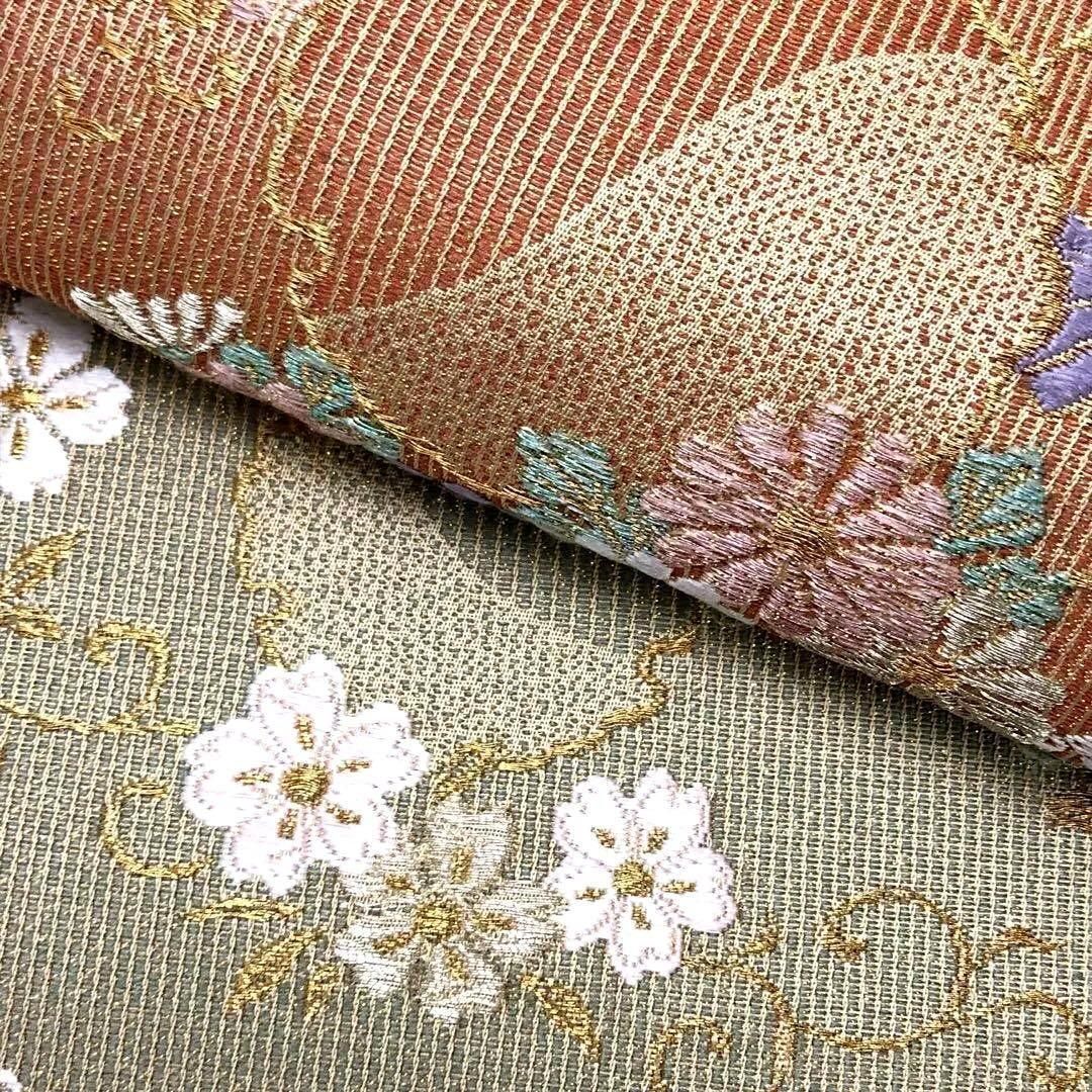 O-1841 京袋帯 紬 刺し子 相良刺繍 花柄 蝶々 生臙脂色 - 水着/浴衣