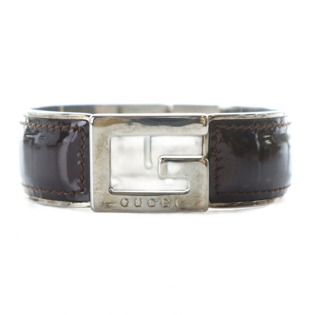 グッチ GUCCI バングル ブレスレット Gロゴ 刻印 エナメルレザー 茶 ブラウン シルバー色 GY11 MQ OH