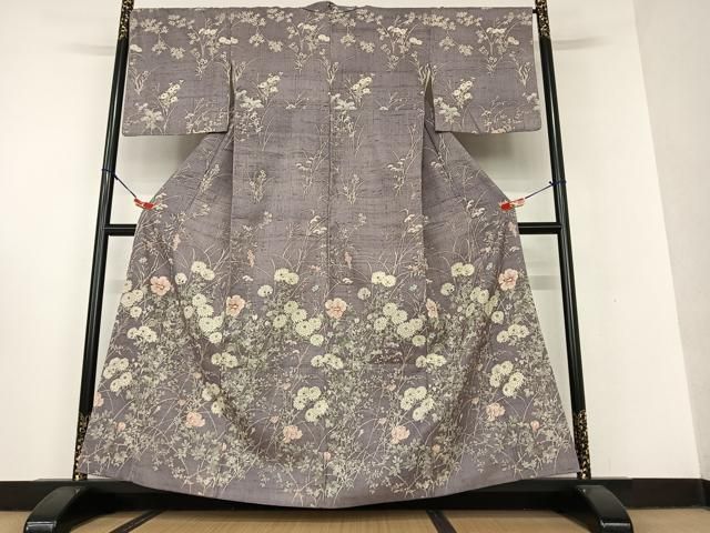 平和屋着物○染織の名門 しょうざん 生紬 訪問着 手描き 草花文 正絹