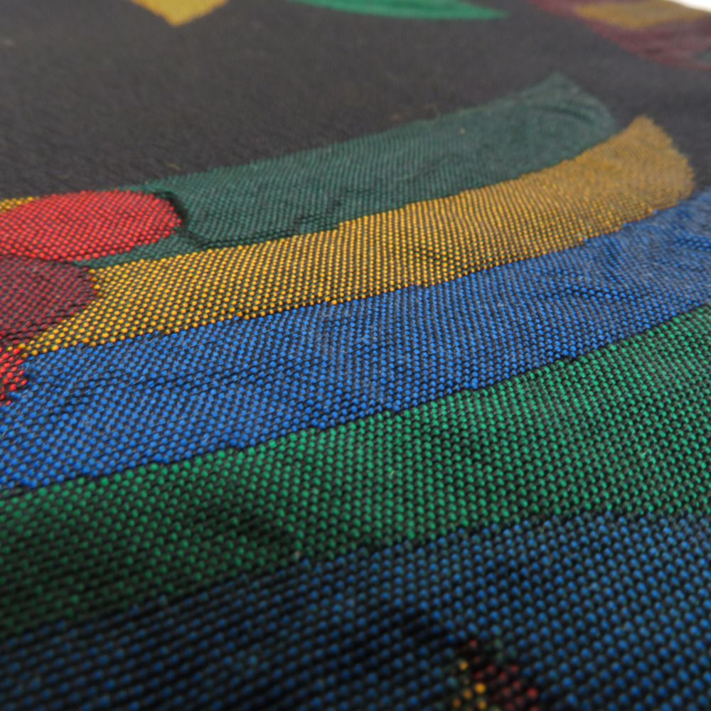 袋帯 洒落袋帯 正絹 黒色x多色 エスニック調 鳥紋様 六通柄 長さ432cm