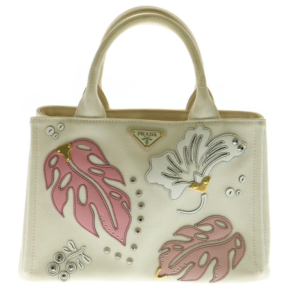 プラダ カナパ ハンドバッグ 2way ショルダー キャンバス 花柄 ホワイト プラダ(PRADA) カナパ(CANAPA) 中古 ショルダーバッグ | 通販
