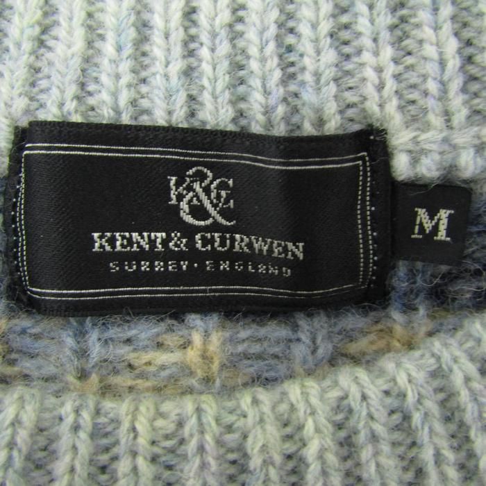 ケントアンドカーウェン セーター 長袖 総柄 ウール トップス メンズ Mサイズ ブルー×ベージュ系 KENT&CURWEN ケントアンドカーウェン セーター 長袖 総柄 ウール トップス