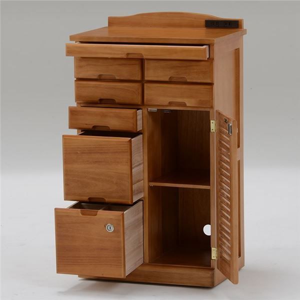 サイドボード 電話台 幅48cm ライトブラウン 木製 2口コンセント 鍵付き 隠しキャスター付き 多引き出し FAX台 リビング 代引不可