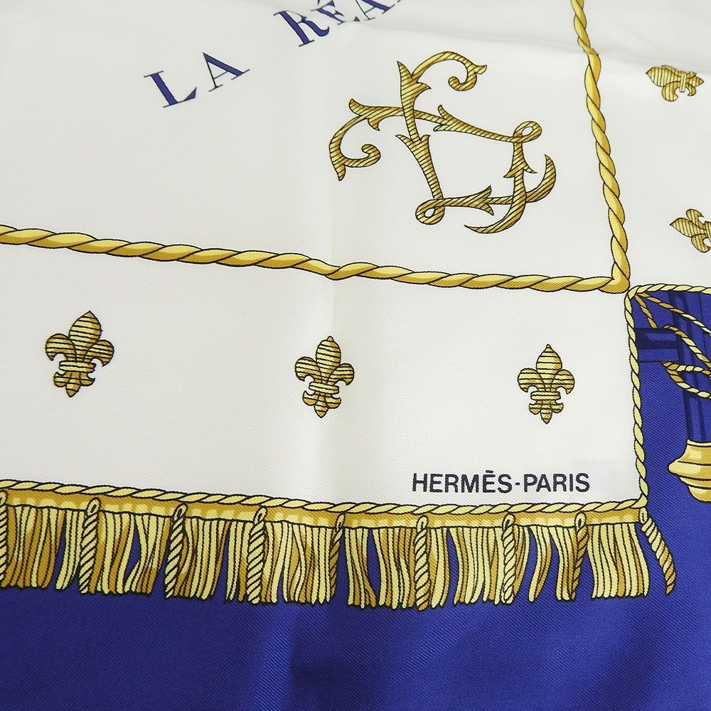 【中古】 エルメス スカーフ カレ90 シルク100％ VUE DU CAROSSE DE LA GALERE LA REALE クイーンの戴冠式  ブルー イエロー ホワイト レディース 女性 HERMES CARRE90 scarf
