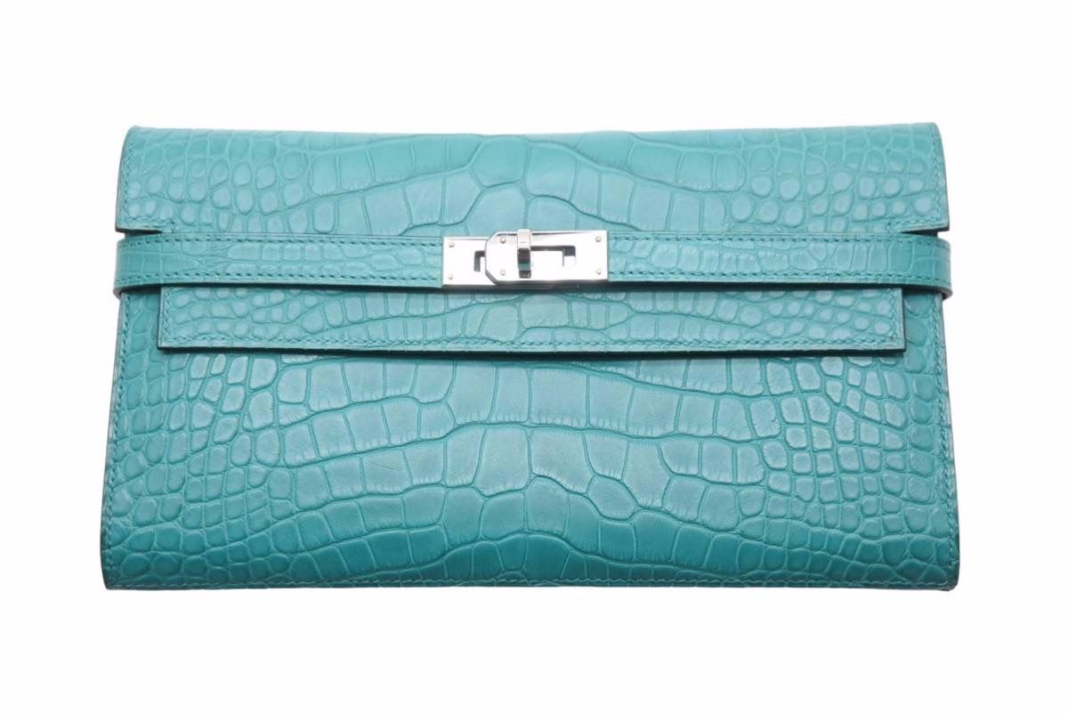 極美品 HERMES エルメス ケリーウォレット ヴェールヴェローヌ アリゲーター A刻印 長財布 箱付き 中古 49868 極美品 HERMES エルメス ケリーウォレット ヴェールヴェローヌ