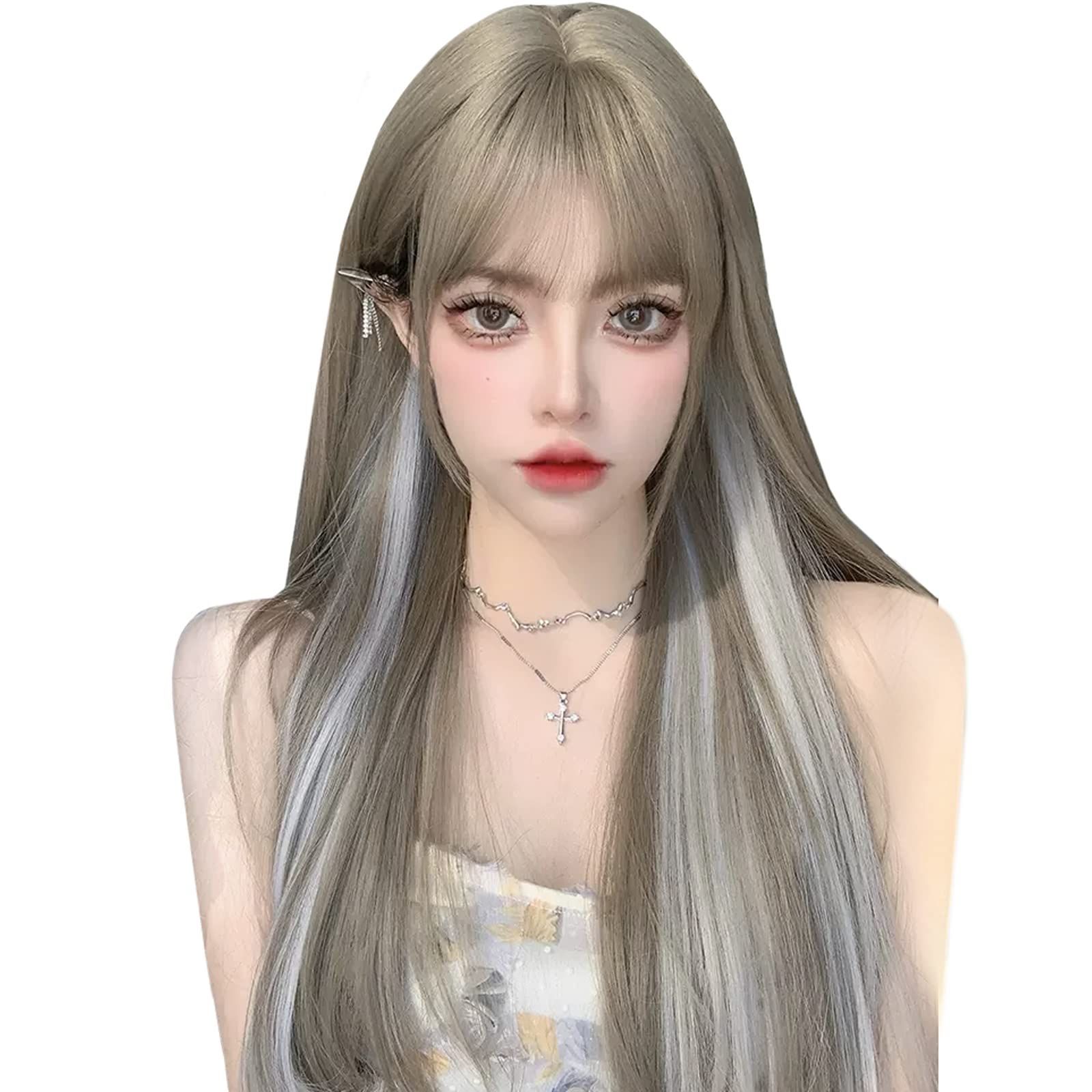 ロリータ 原宿 ぱっつん 小顔 自然 人気 グラデーション 耐熱 インナーカラー wig カツラ 原宿系 レディーズ フルウィッグ ファッション かつら 女装 ストレート コスプレ ロング ネット/櫛付