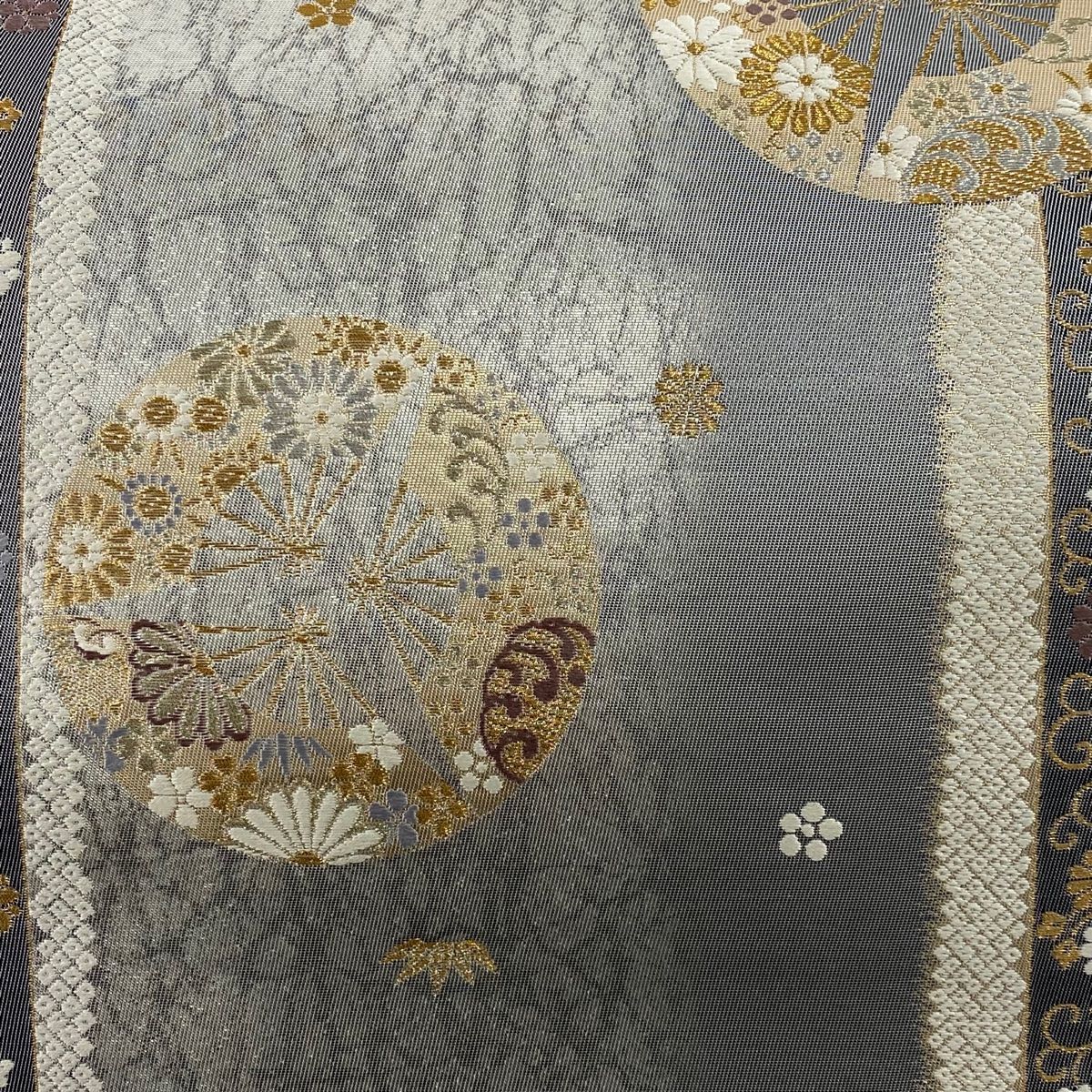 袋帯 美品 秀品 扇 菊唐草 金銀糸 箔 灰色 六通 正絹 【中古