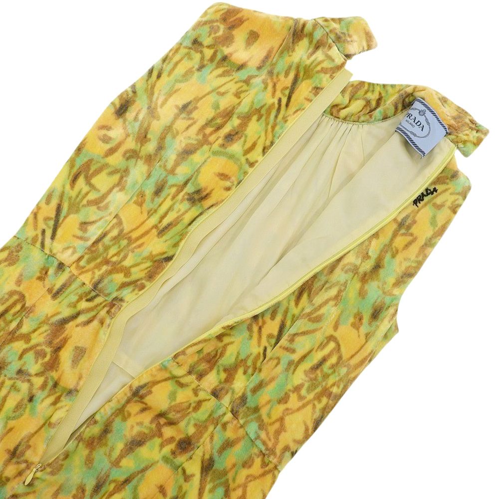 【美品】PRADA　プラダ　花柄　シルク　ベルト付きノースリーブワンピース　40 美品】PRADA プラダ 花柄 シルク ベルト付きノースリーブ