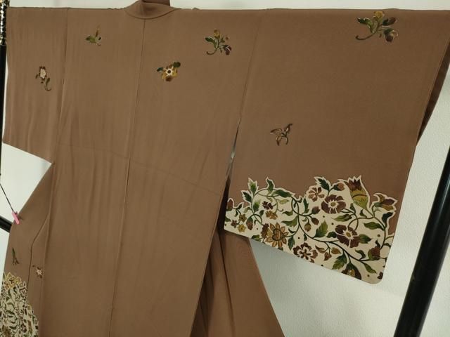 平和屋本店□希少 友禅染色家 品川恭子 訪問着 花唐草文 茶褐色