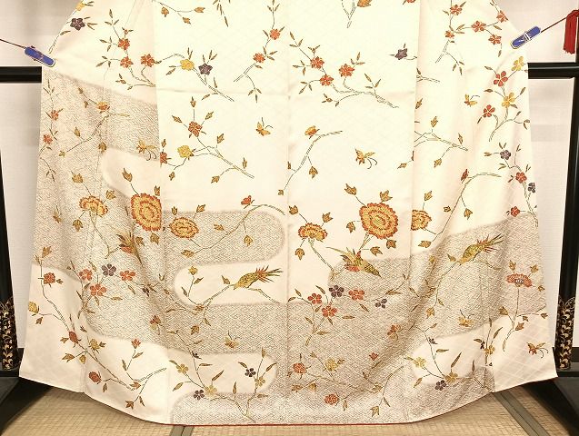 平和屋着物○摺型友禅 訪問着 更紗花鳥文 金彩 正絹 逸品 未使用